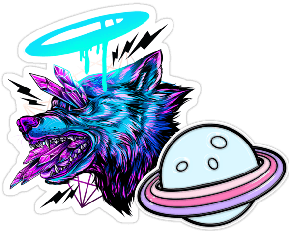 Stickers of a dog and a ringed planet